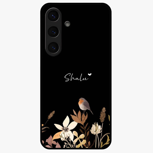 Quiet Garden Tune Custom Name Glass Case showing flat back view with peaceful garden artwork and personalized name design.
