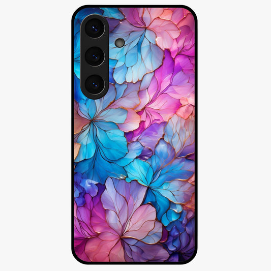 Radiant Floral Whirl Glass Case showing flat back view with swirling floral artwork and glossy glass finish.