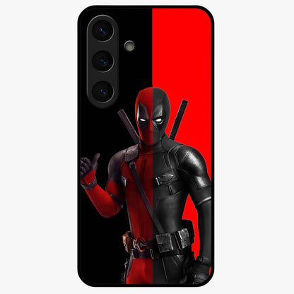 Red & Black Deadpool Theme Glass Case showing flat back view with bold comic inspired artwork and glossy glass finish.