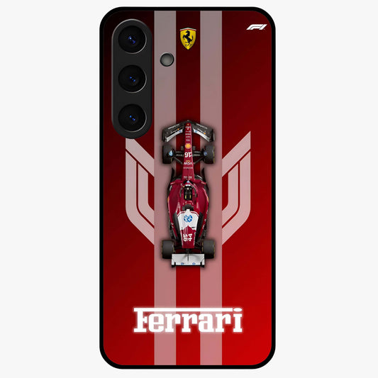 Red Ferrari F1 Vertical Glass Case showing flat back view with sleek Formula racing car artwork and glossy glass finish.