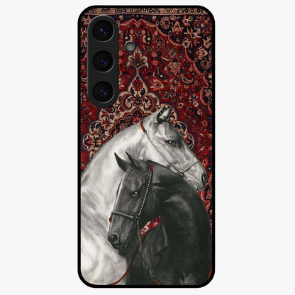 Regal Stallion Tapestry Glass Case showing flat back view with majestic horse tapestry artwork and glossy glass finish.