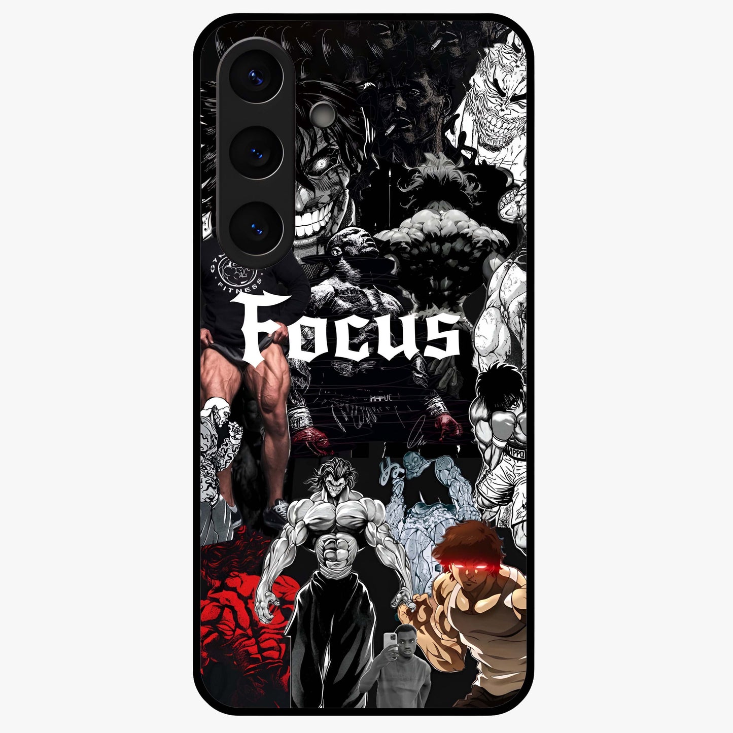 Relentless Power Focus Glass Case showing flat back view with motivational typography artwork and glossy glass finish.