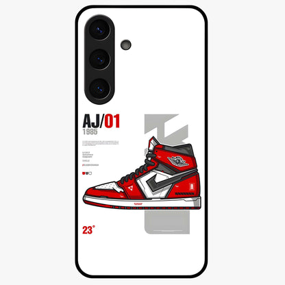 Retro Sneaker Blueprint Glass Case showing flat back view with sneaker blueprint style artwork and glossy glass finish.