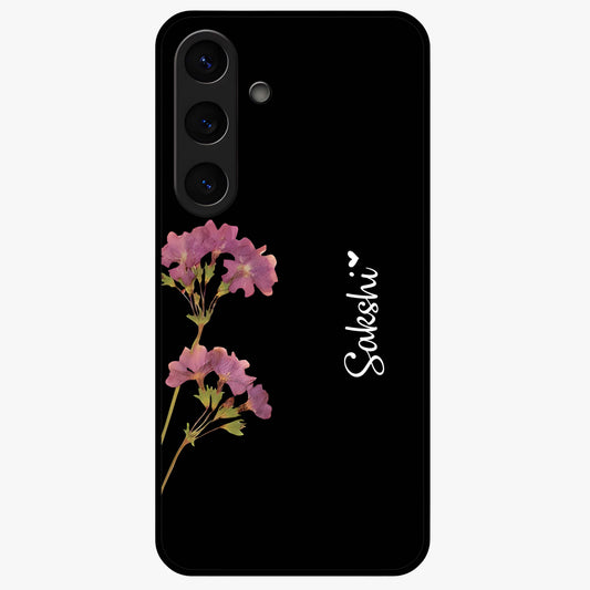 Riching Lavender Flower Custom Name Glass Case showing flat back view with lavender floral artwork and personalized name design.