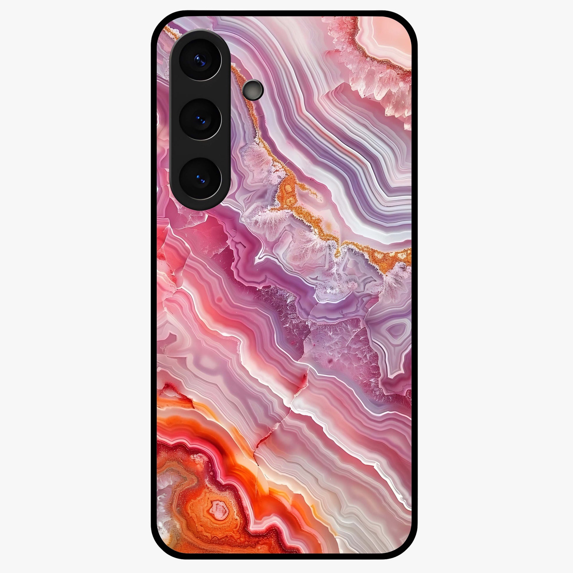 Rose Quartz Marble Glass Case showing flat back view with pink marble quartz texture artwork and glossy glass finish.