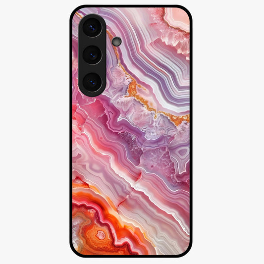 Rose Quartz Marble Glass Case showing flat back view with pink marble quartz texture artwork and glossy glass finish.