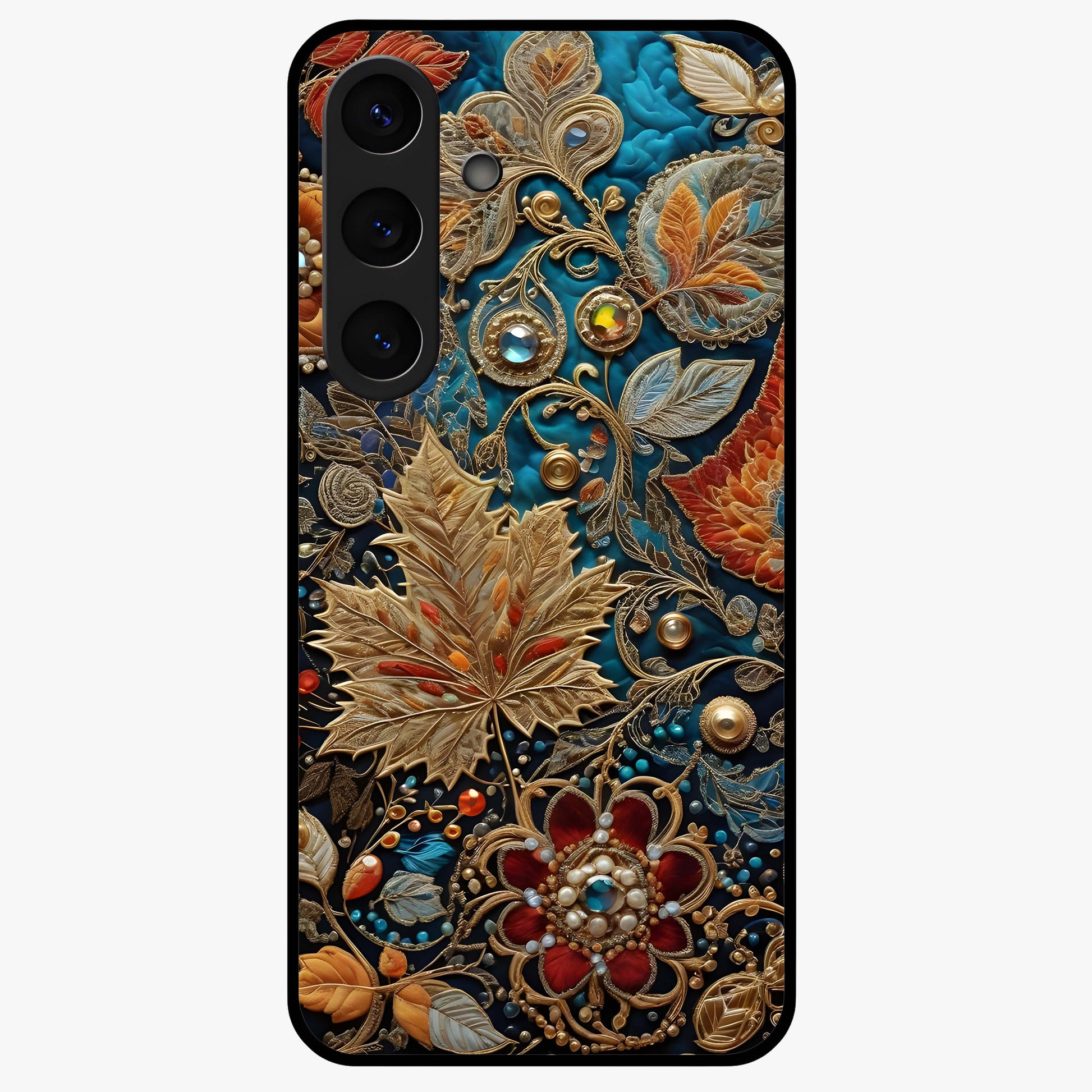 Royal Jewel Garden Glass Case showing flat back view with decorative floral garden artwork and glossy glass finish.