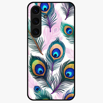 Royal Peacock Feathers Glass Case showing flat back view with colorful peacock feather artwork and glossy glass finish.