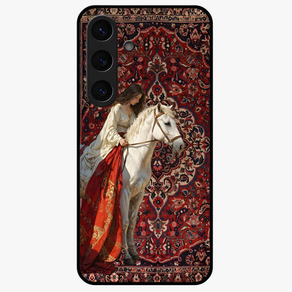 Royal Rider Tapestry Glass Case showing flat back view with majestic horse rider tapestry artwork and glossy glass finish.