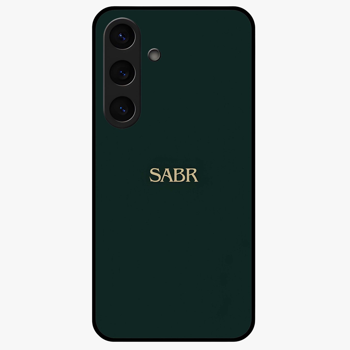 Sabr Minimal Patience Glass Case showing flat back view with minimalist typography artwork and glossy glass finish.
