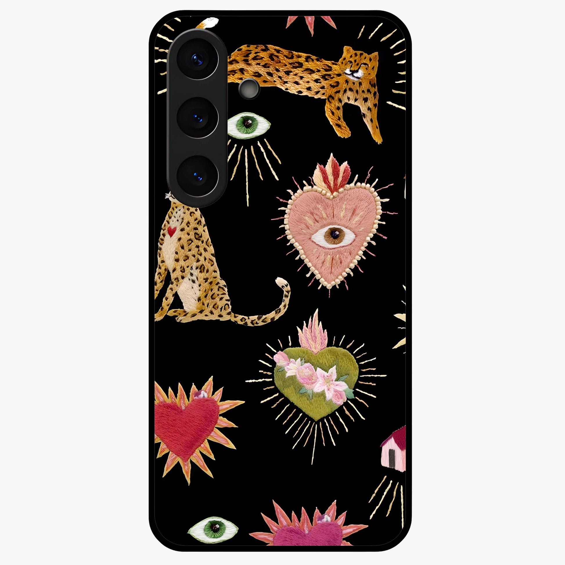 Sacred Jungle Heart Glass Case showing flat back view with jungle inspired heart artwork and glossy glass finish.