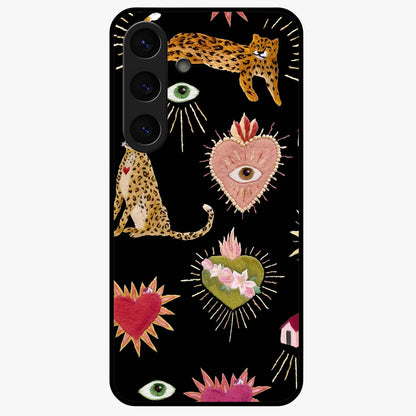 Sacred Jungle Heart Glass Case showing flat back view with jungle inspired heart artwork and glossy glass finish.