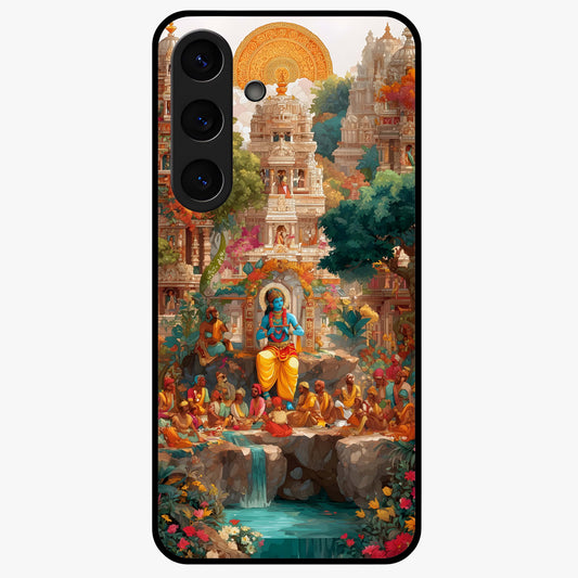 Sacred Sunlight Gods Glass Case showing flat back view with divine sunlight themed artwork and glossy glass finish.