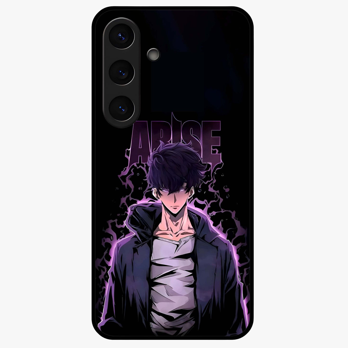 Shadow Monarch Awakening Glass Case showing flat back view with powerful dark monarch themed artwork and glossy glass finish.