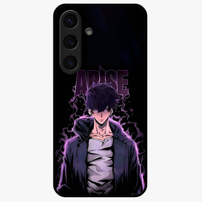 Shadow Monarch Awakening Glass Case showing flat back view with powerful dark monarch themed artwork and glossy glass finish.