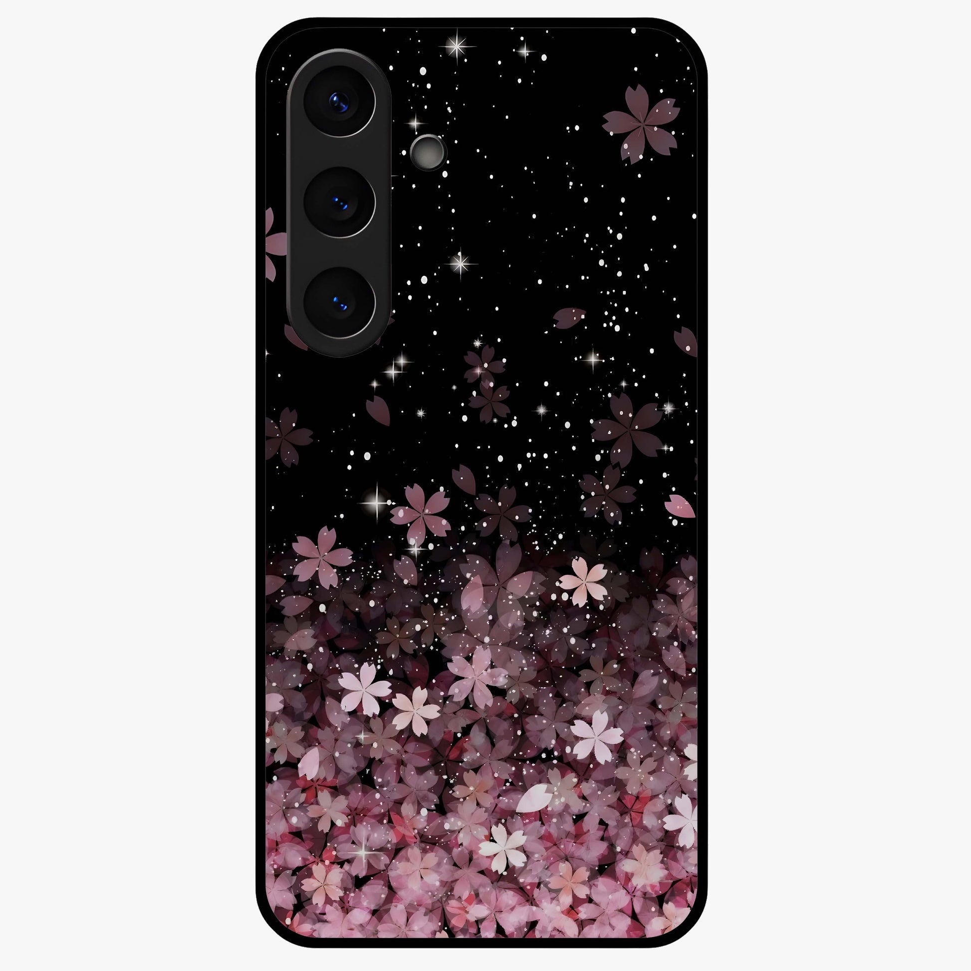 Small Starry Flowers Glass Case showing flat back view with delicate starry floral artwork and glossy glass finish.