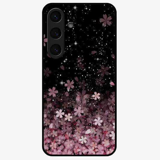 Small Starry Flowers Glass Case showing flat back view with delicate starry floral artwork and glossy glass finish.