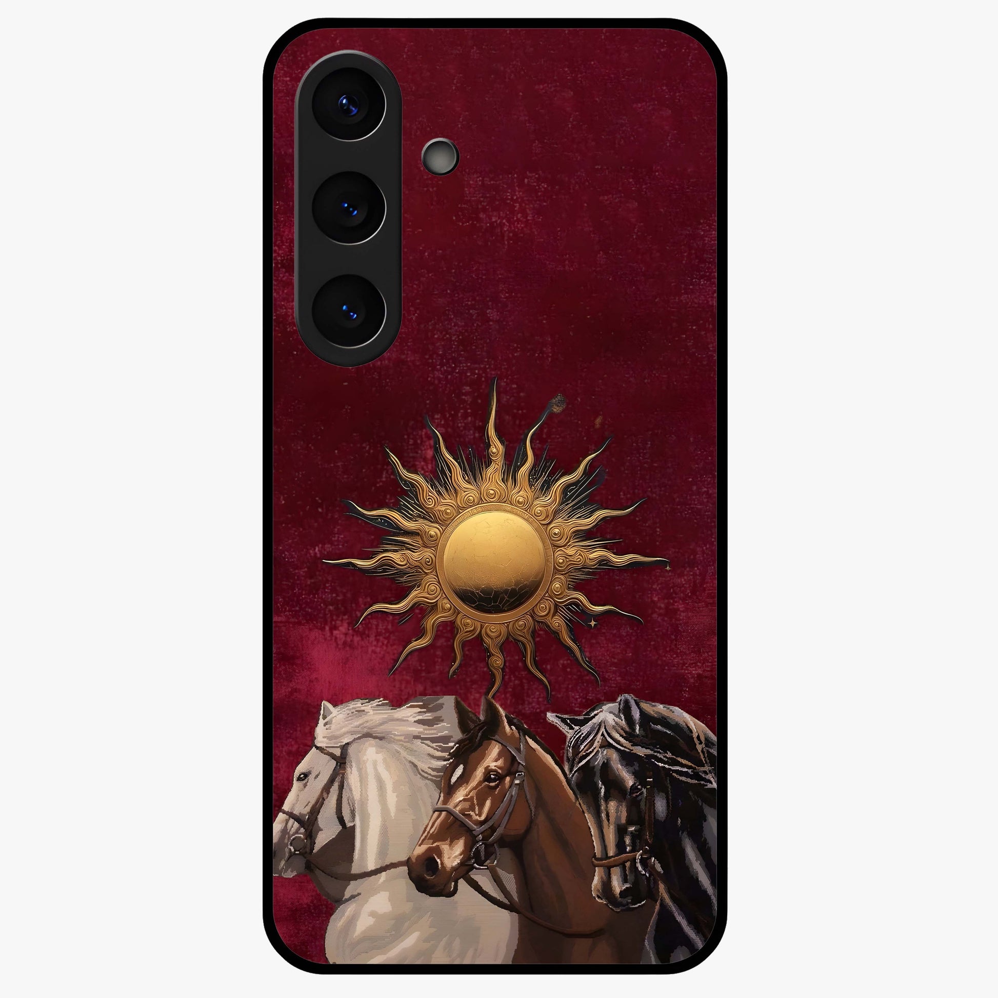 Solar Riders Glass Case showing flat back view with dynamic rider themed artwork and glossy glass finish.