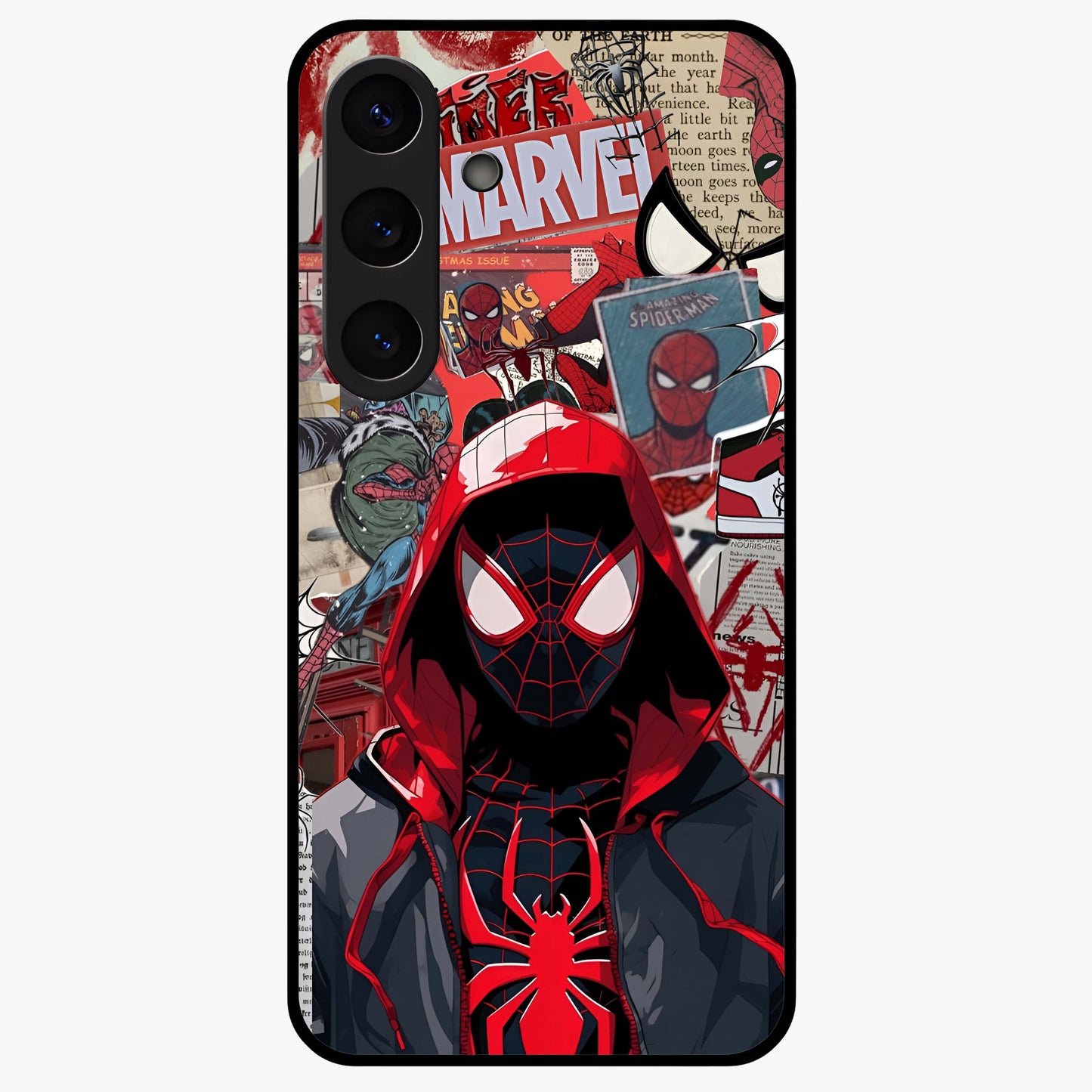 Spider Collage Street Glass Case showing flat back view with vibrant superhero collage artwork and glossy glass finish.