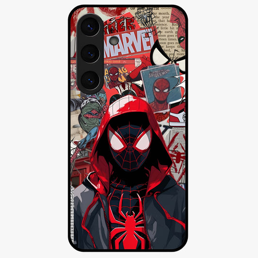 Spider Collage Street Glass Case showing flat back view with vibrant superhero collage artwork and glossy glass finish.