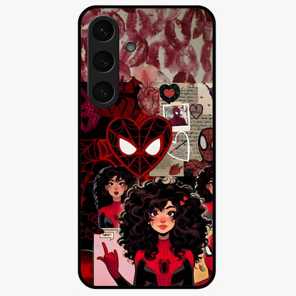 Spider Love Story Glass Case showing flat back view with romantic superhero themed artwork and glossy glass finish.