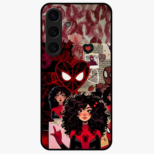 Spider Love Story Glass Case showing flat back view with romantic superhero themed artwork and glossy glass finish.