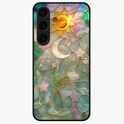 Stained Sunrise Glow Glass Case showing flat back view with glowing sunrise stained pattern artwork and glossy glass finish.