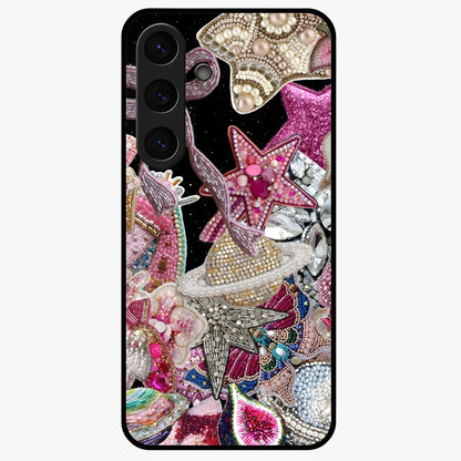 Starlit Jewel Dream Glass Case showing flat back view with sparkling jewel and star themed artwork and glossy glass finish.