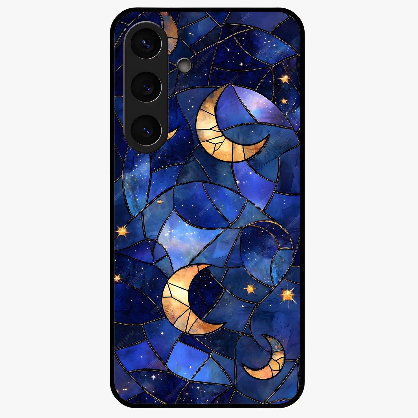 Starlit Sky Tapestry Glass Case showing flat back view with decorative starry sky tapestry artwork and glossy glass finish.