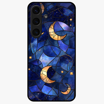 Starlit Sky Tapestry Glass Case showing flat back view with decorative starry sky tapestry artwork and glossy glass finish.