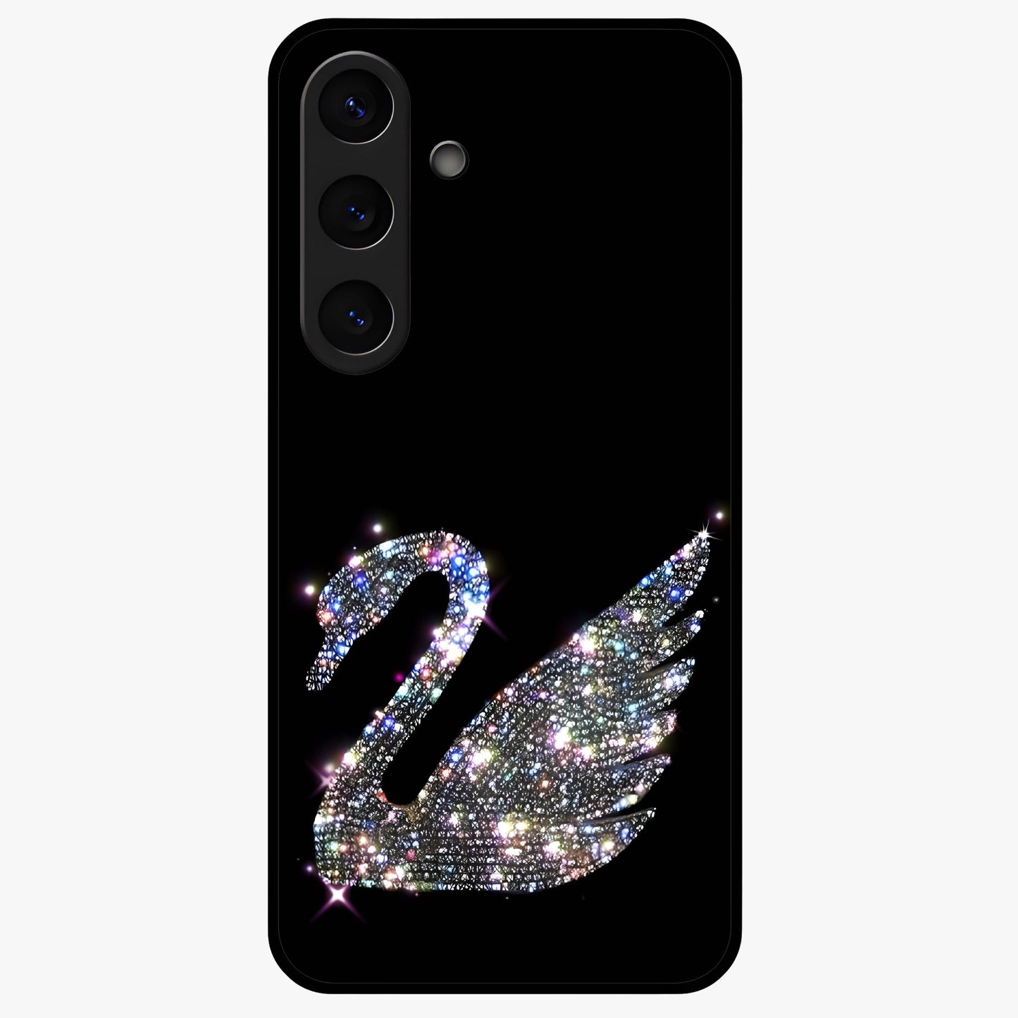 Starlit Swan Grace Glass Case showing flat back view with graceful swan artwork under starry sky and glossy glass finish.