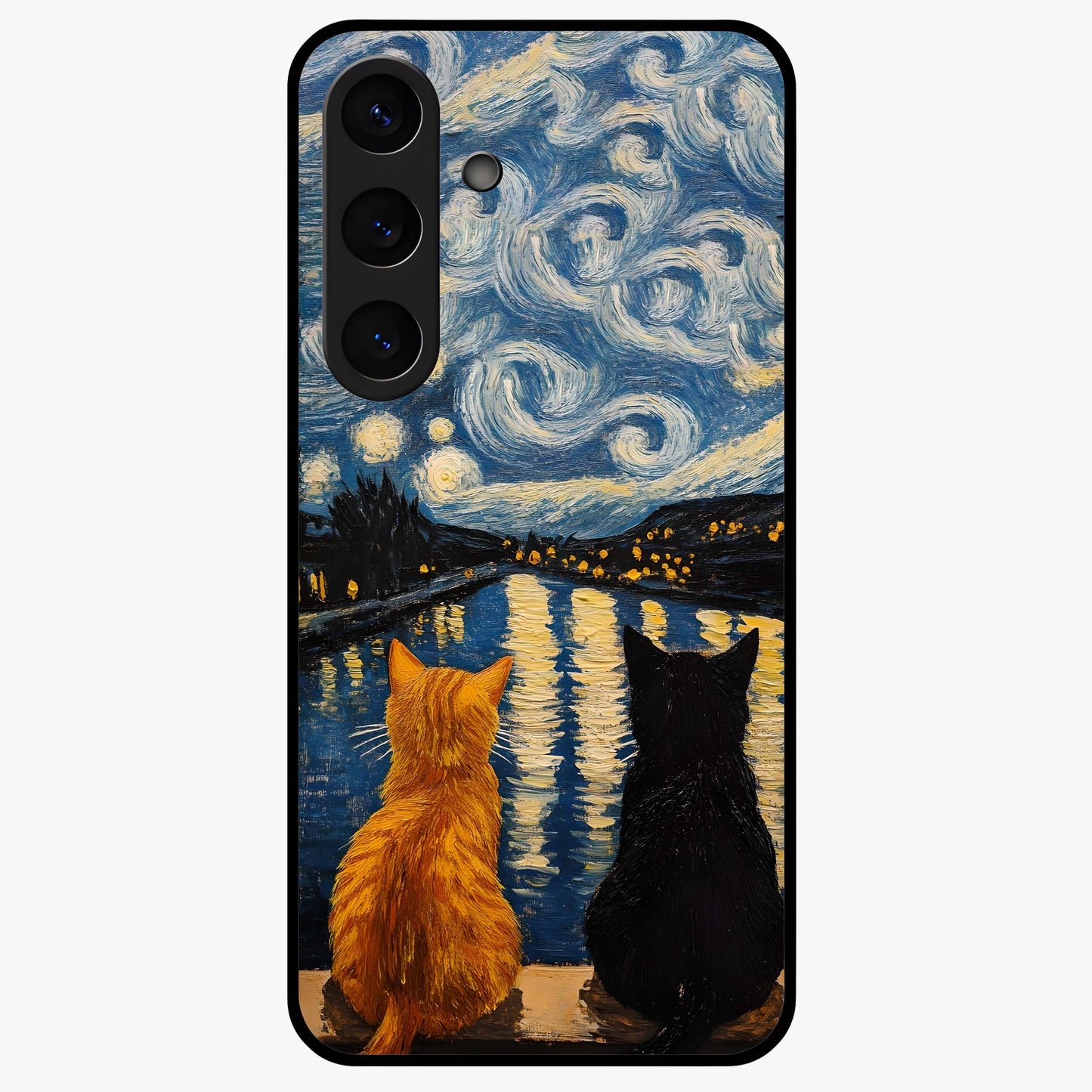 Starry River Cats Glass Case showing flat back view with cats by a starry river artwork and glossy glass finish.