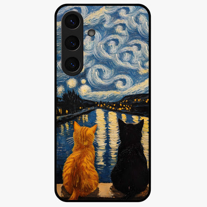 Starry River Cats Glass Case showing flat back view with cats by a starry river artwork and glossy glass finish.