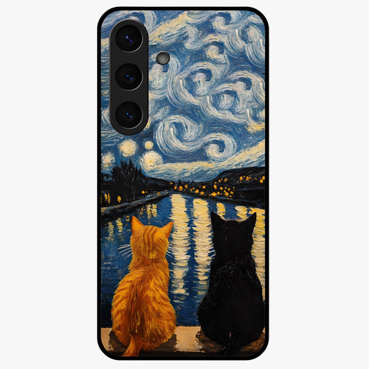 Starry River Cats Glass Case showing flat back view with cats by a starry river artwork and glossy glass finish.