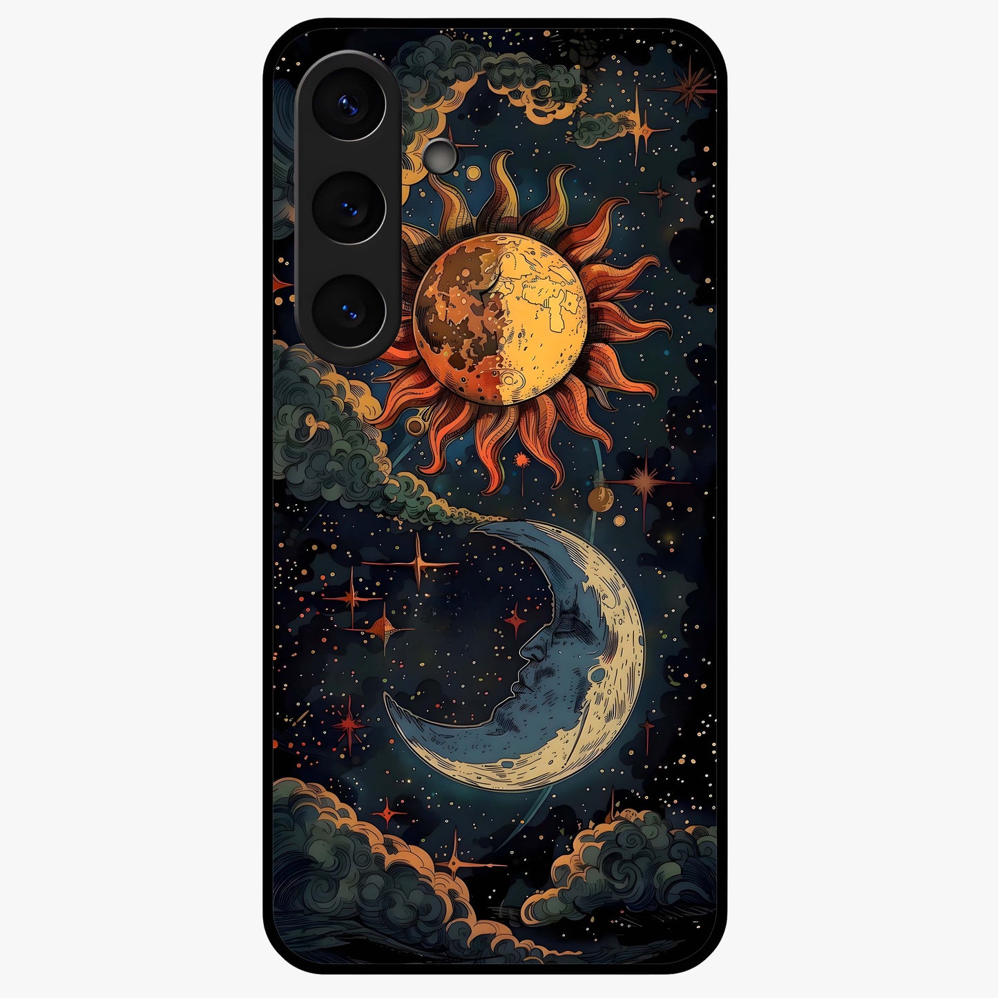 Sun And Moon Magic Design Glass Case showing flat back view with mystical sun and moon artwork and glossy glass finish.