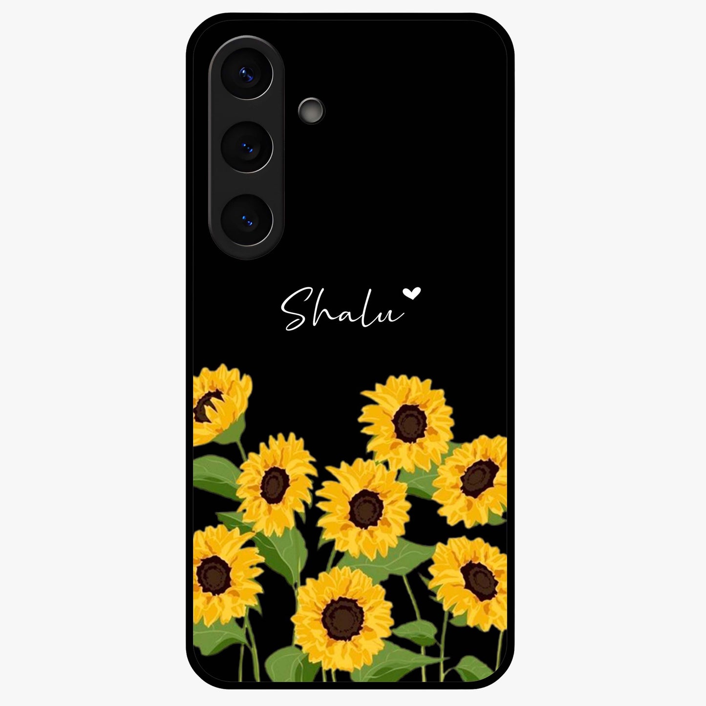 Sunflower Chic Mood Custom Name Glass Case showing flat back view with stylish sunflower artwork and personalized name design.