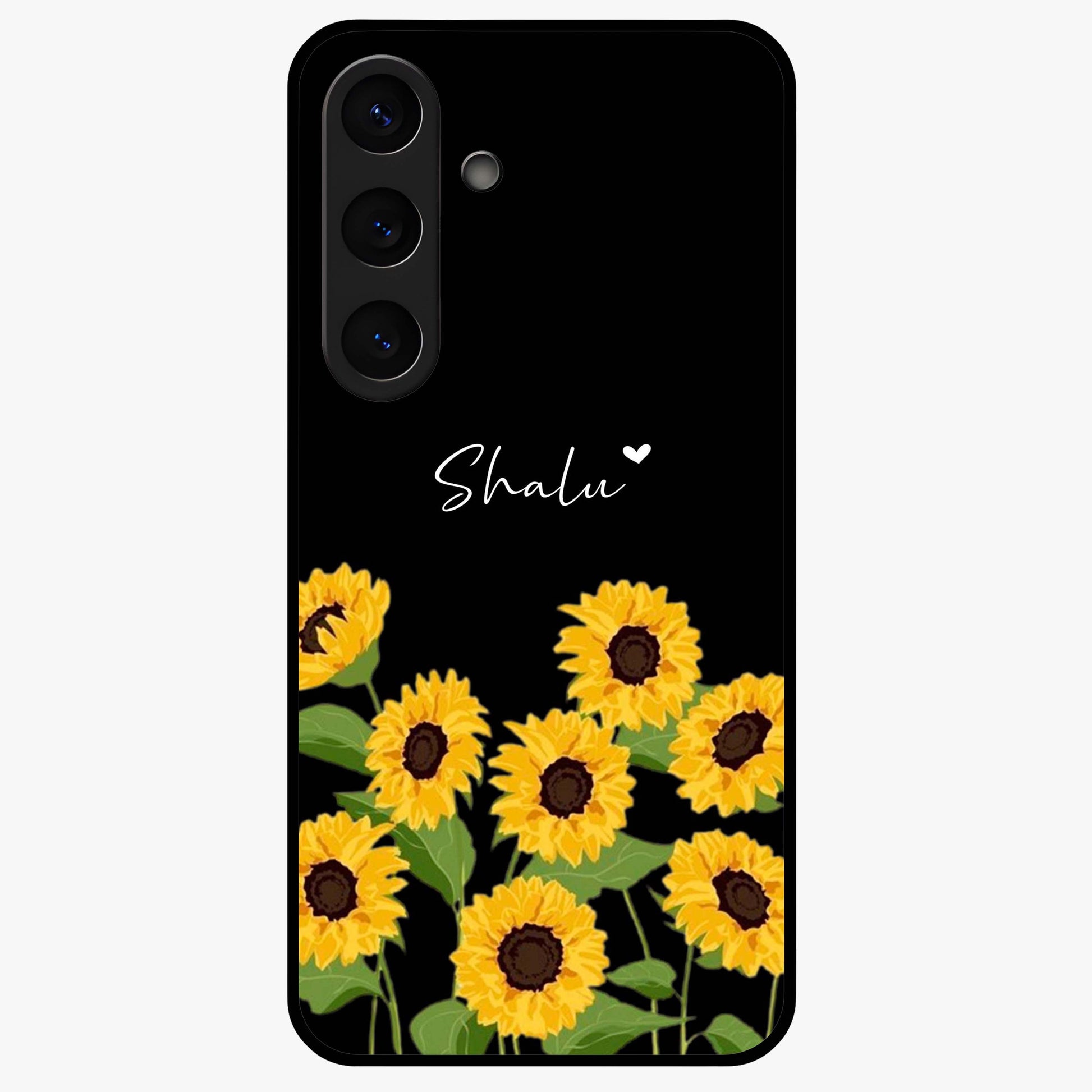Sunflower Chic Mood Custom Name Glass Case showing flat back view with stylish sunflower artwork and personalized name design.