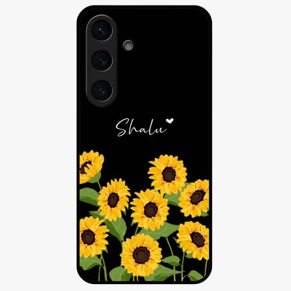 Sunflower Chic Mood Custom Name Glass Case showing flat back view with stylish sunflower artwork and personalized name design.