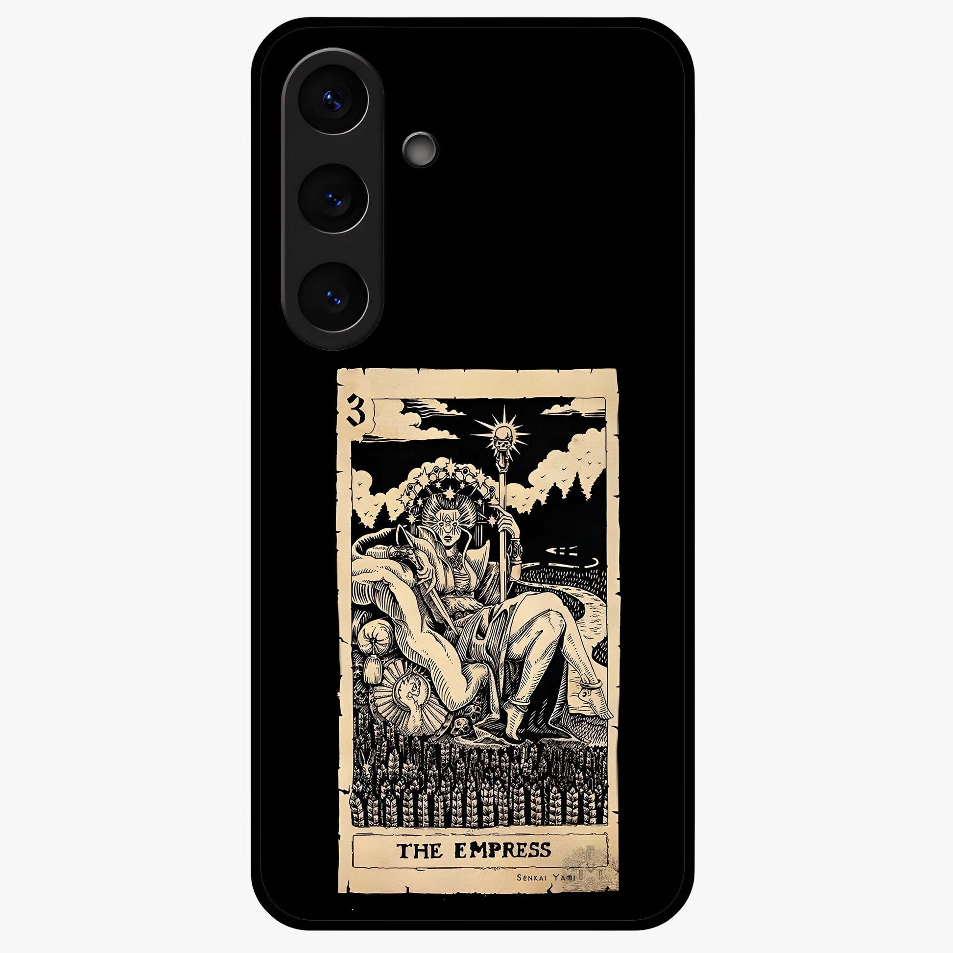 The Empress Glass Case showing flat back view with regal feminine artwork and glossy glass finish.