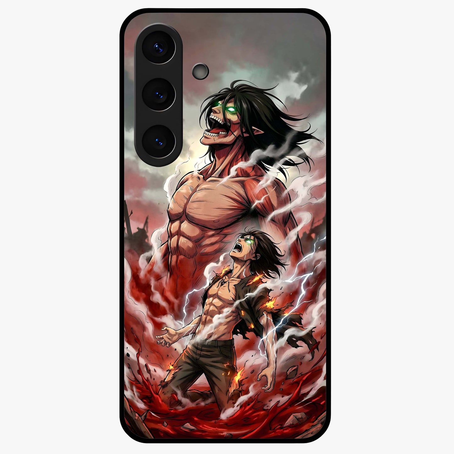 Titan Awakening Fury Glass Case showing flat back view with powerful titan inspired artwork and glossy glass finish.