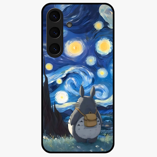 Totoro In Van Gogh Art Glass Case showing flat back view with whimsical character artwork inspired by Van Gogh style and glossy glass finish.