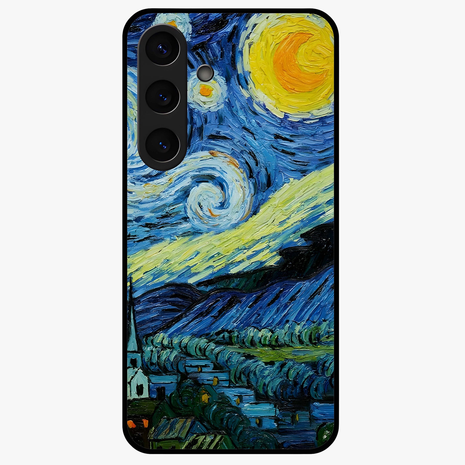 Van Gogh Art Glass Case showing flat back view with classic painterly artwork inspired by Van Gogh style and glossy glass finish.