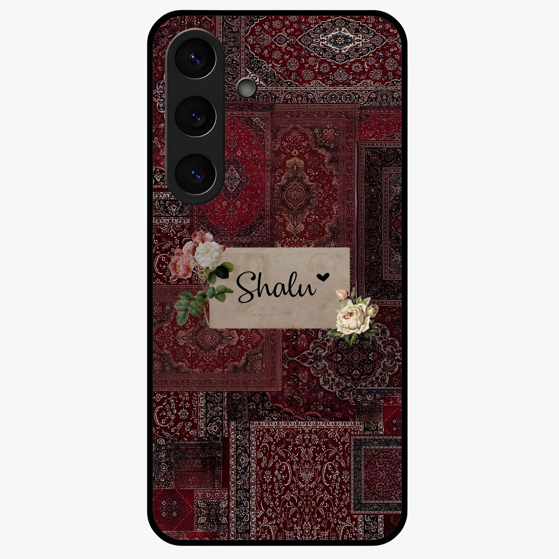 Velvet Wine Pattern Custom Name Glass Case showing flat back view with elegant wine colored pattern artwork and personalized name design.
