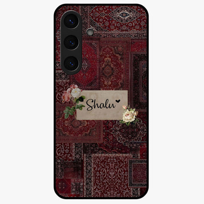 Velvet Wine Pattern Custom Name Glass Case showing flat back view with elegant wine colored pattern artwork and personalized name design.