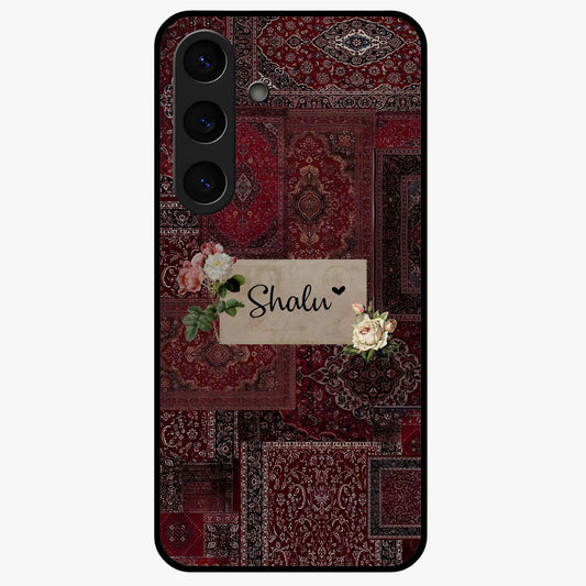 Velvet Wine Pattern Custom Name Glass Case showing flat back view with elegant wine colored pattern artwork and personalized name design.