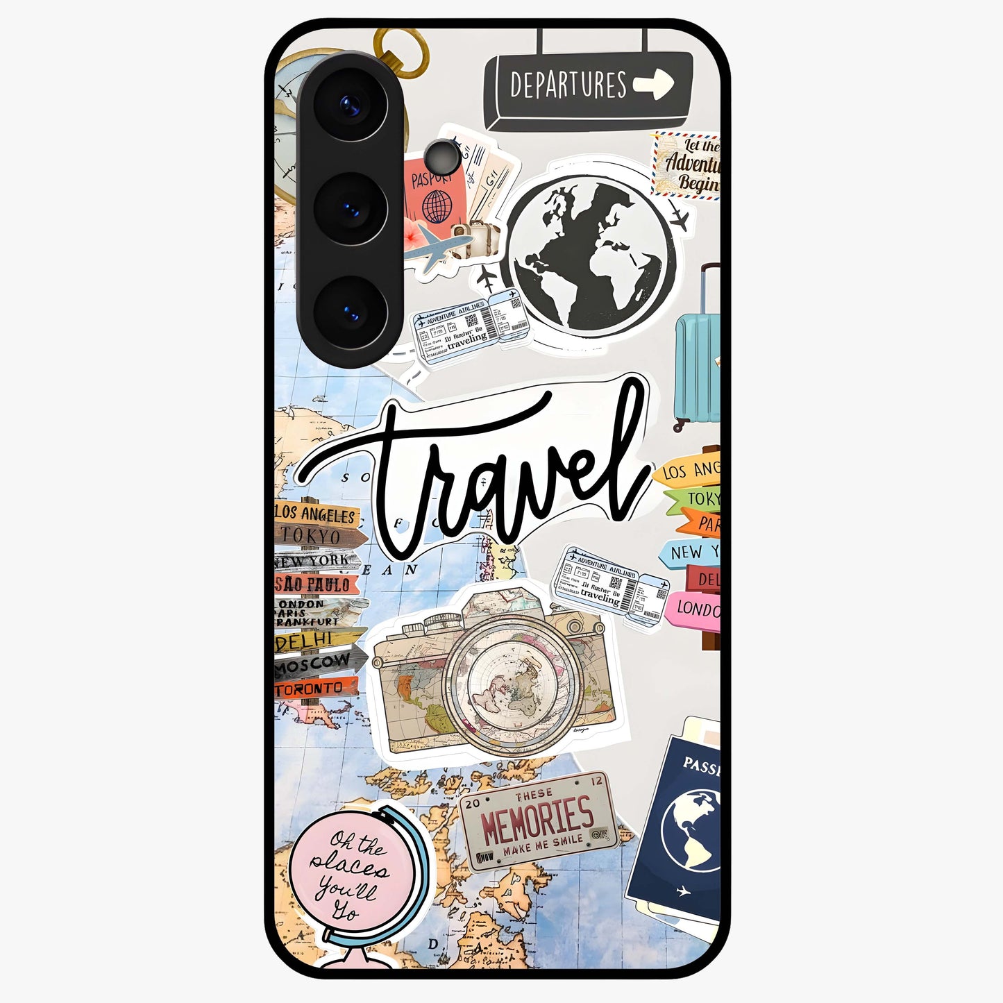 Wanderlust Journal Glass Case showing flat back view with travel inspired artwork and glossy glass finish.