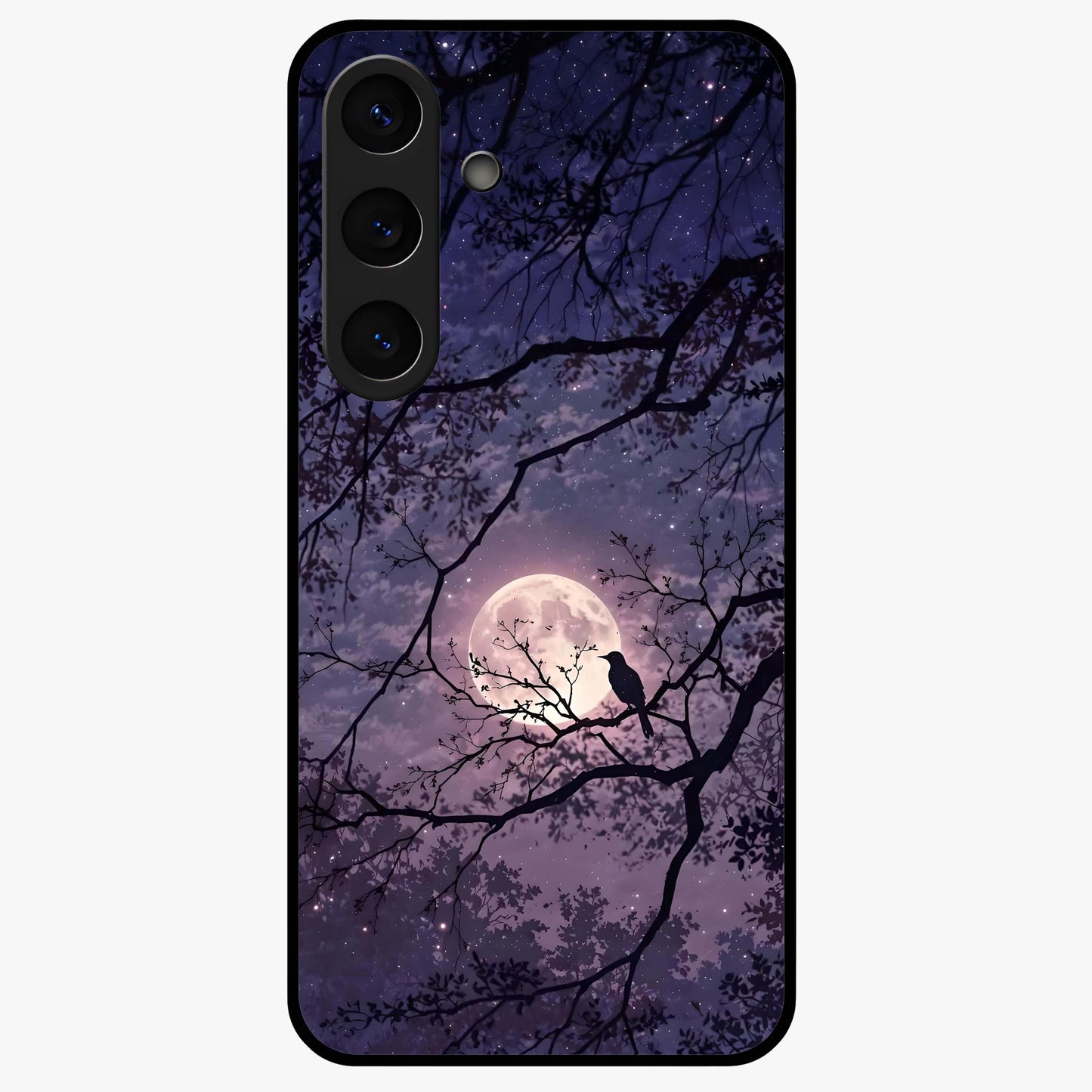 Whispering Moon Silence Glass Case showing flat back view with serene moon themed artwork and glossy glass finish.