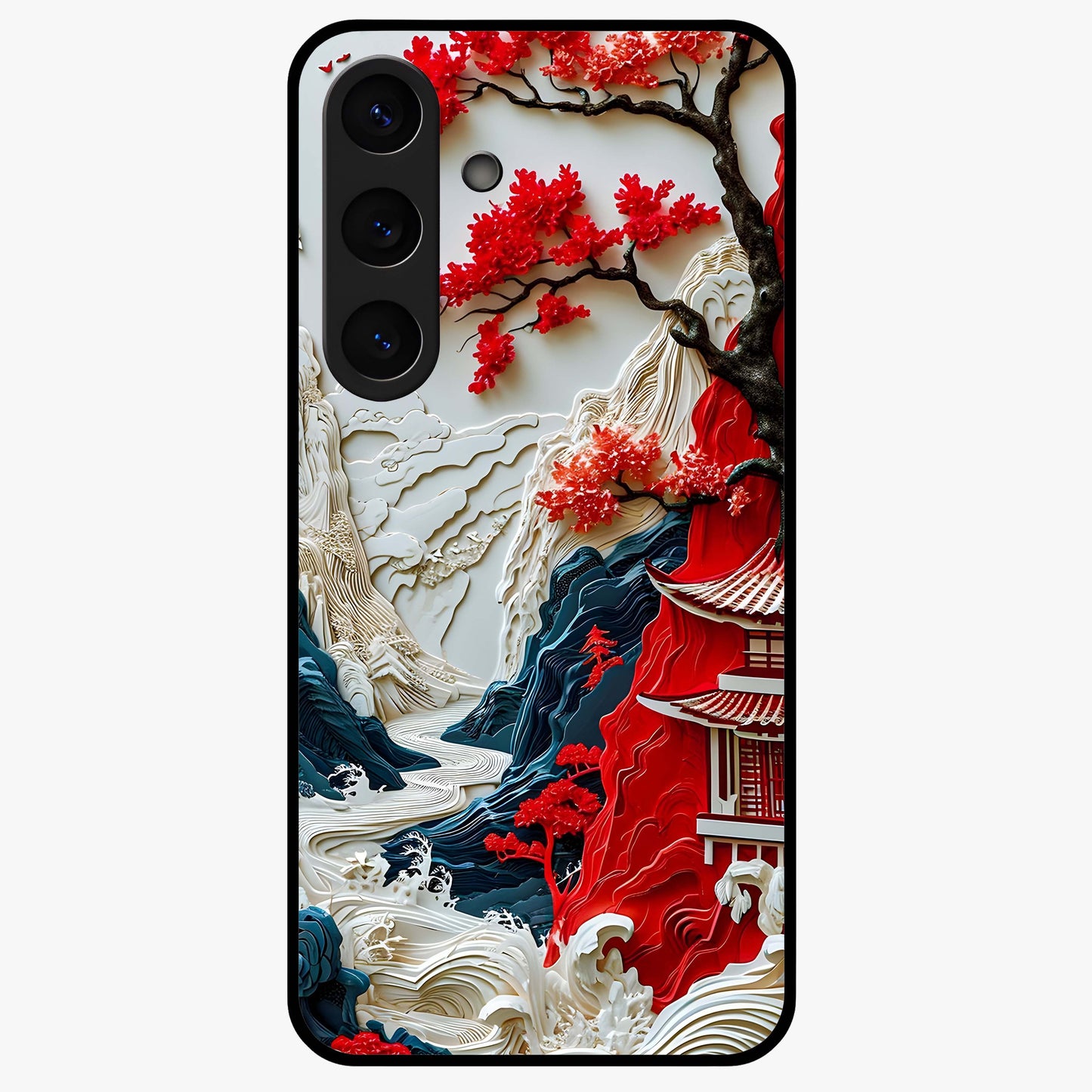 Whispers Of Sakura Waves Glass Case showing flat back view with cherry blossom wave artwork and glossy glass finish.
