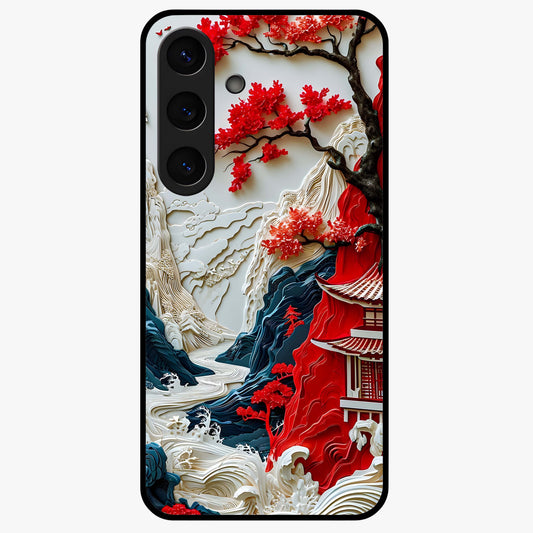 Whispers Of Sakura Waves Glass Case showing flat back view with cherry blossom wave artwork and glossy glass finish.
