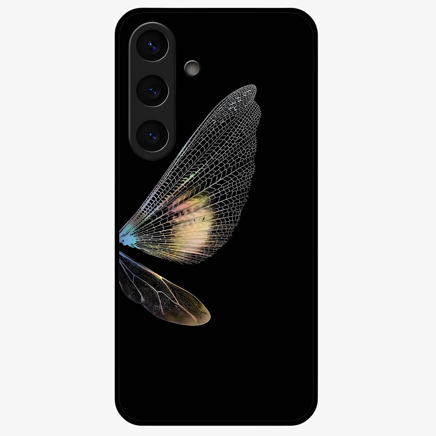 Whispers Of Wings Glass Case showing flat back view with graceful wing inspired artwork and glossy glass finish.